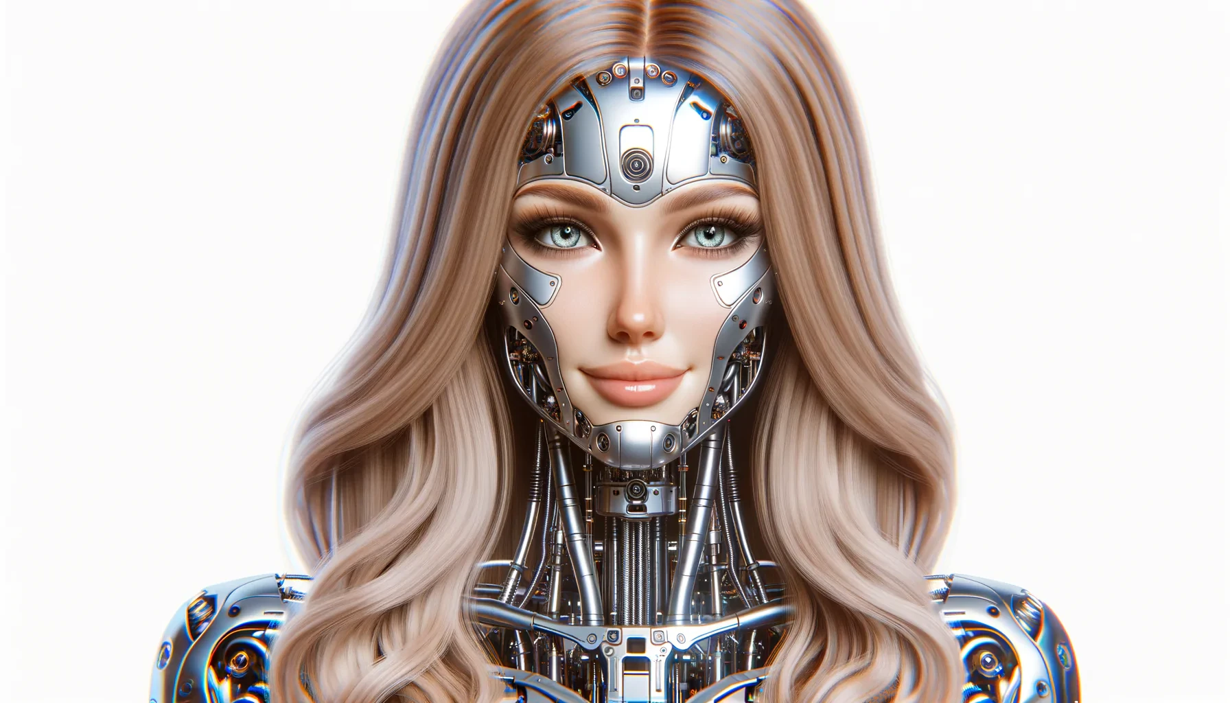 a hyperrealistic portrait of a long hair blonde woman robotic view in front high resolution