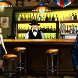 in a detailed german BAR,  Photorealistic  HD, a MAN with suit and hat, alone at the end, a blonde woman bartender
