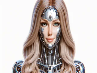 a hyperrealistic portrait of a long hair blonde woman robotic view in front high resolution