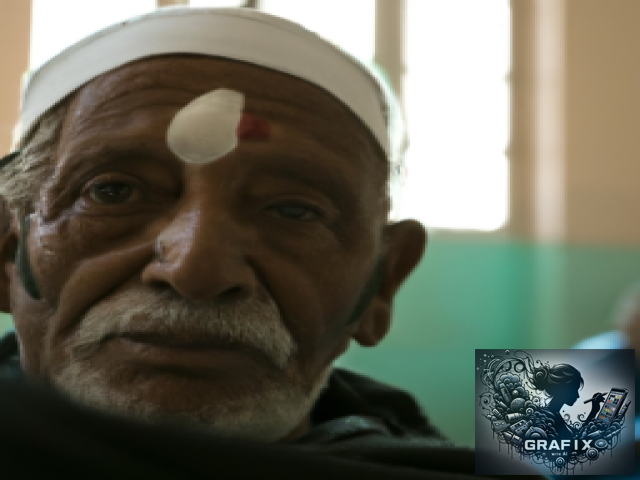 A poor elderly man from Yemen sits in a medical room. One of his eyes is covered with a medical patch, showing that he has undergone surgery to treat an eye condition. The background suggests a charity-funded medical facility, with doctors and nurses assisting other patients.