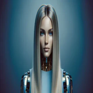 a hyperrealistic portrait of a long hair blonde woman robotic view in front high resolutio