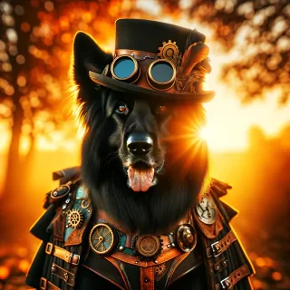 Black german shepherd, Steampunk, with a black Hat