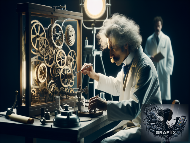 Albert Einstein beim entwickeln einer Zeitmaschine