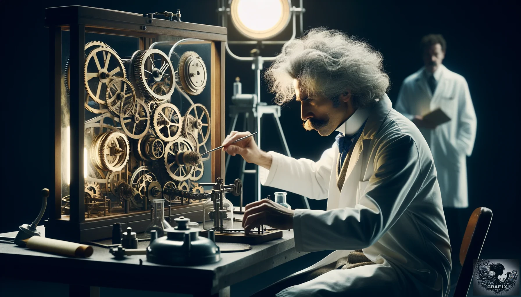 Albert Einstein beim entwickeln einer Zeitmaschine