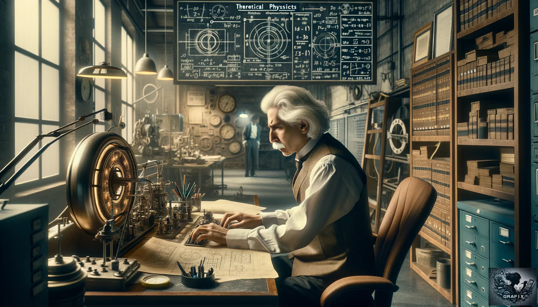 Albert Einstein beim entwickeln einer Zeitmaschine